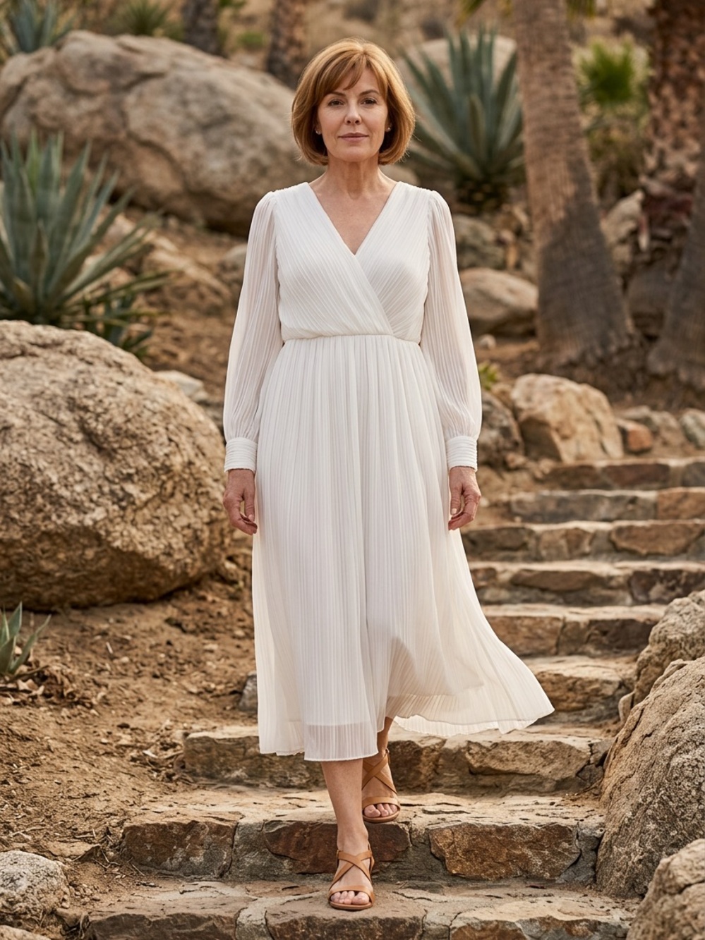 Frances Brewster Elegant White Long Sleeve Pleated Maxi Dress with two belts